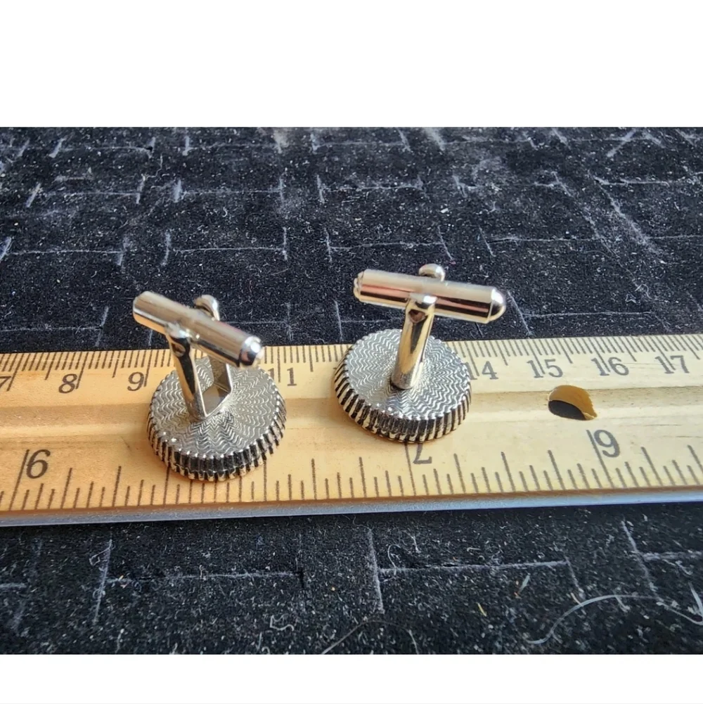 Vintage Cufflink Set Silver Tone Lion's On Enamel Used